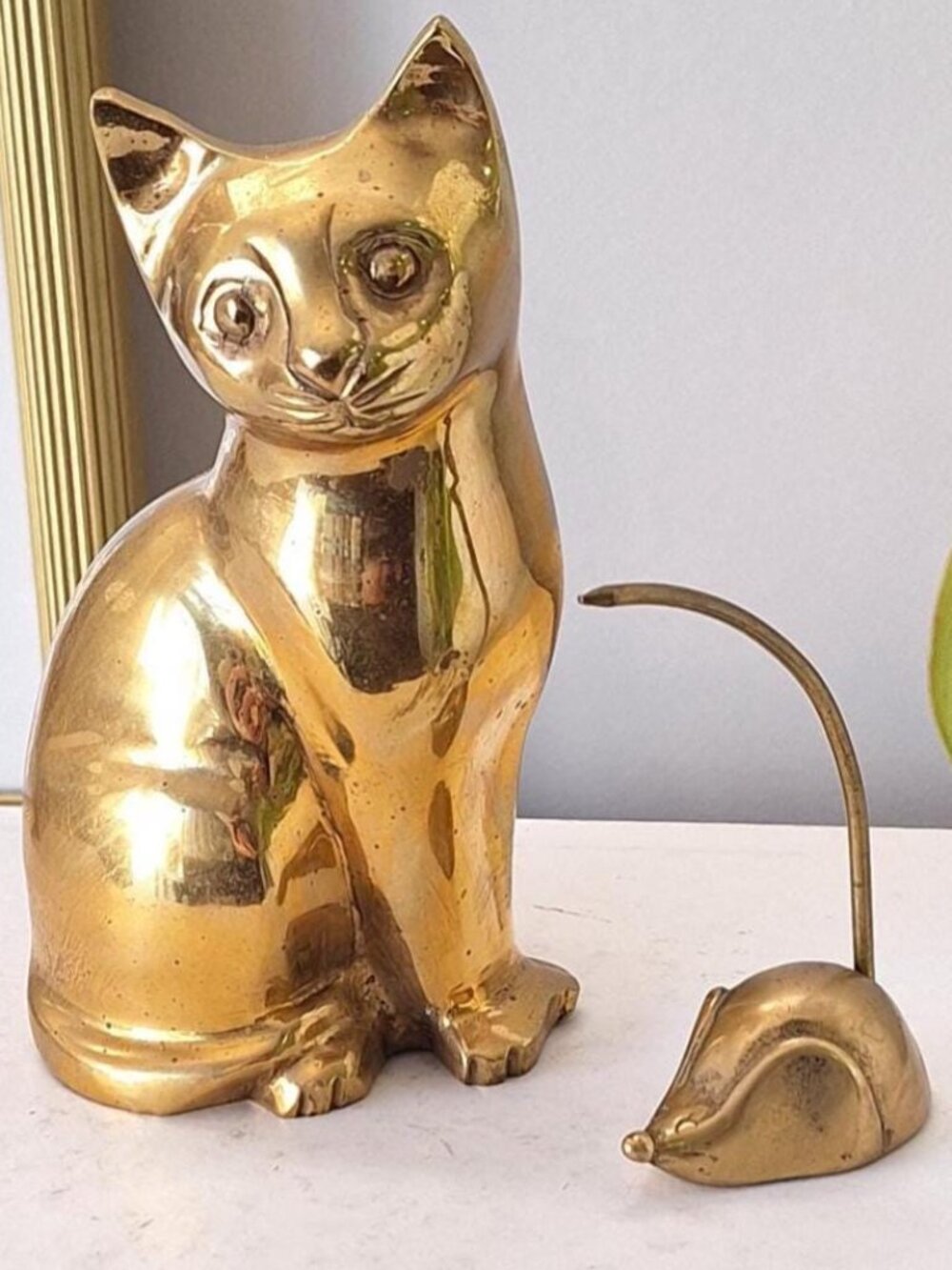 Vintage Brass Cat & brass mouse Statue Figurine Sculpture kitten MCM decor set